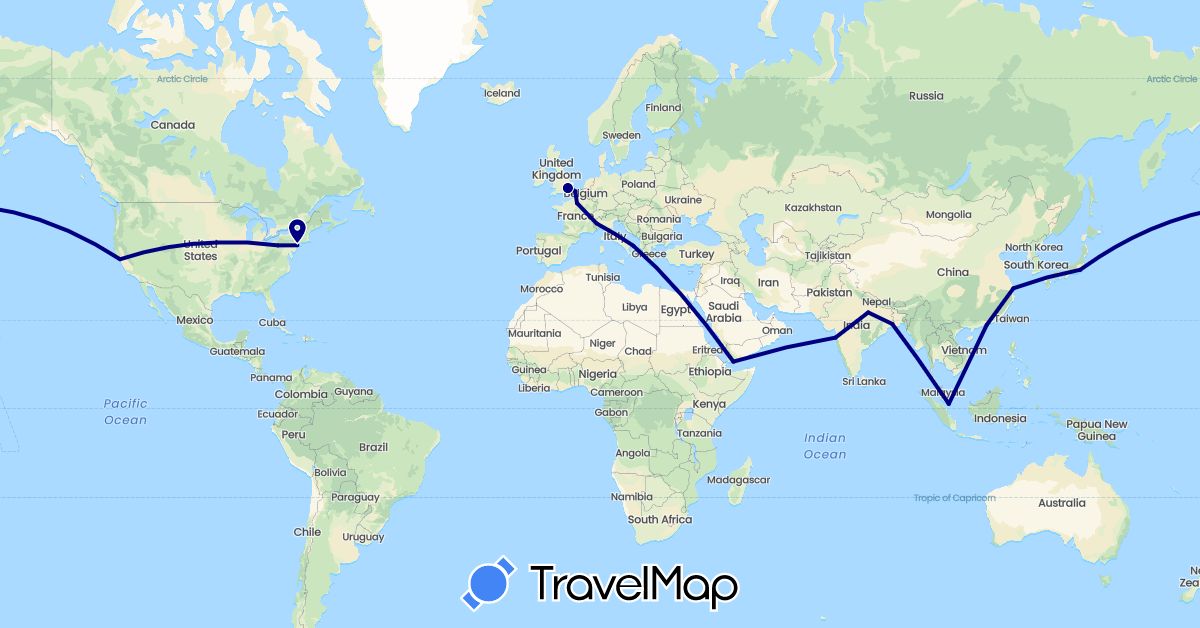 TravelMap itinerary: driving in China, France, United Kingdom, India, Italy, Japan, Singapore, United States, Yemen (Asia, Europe, North America)